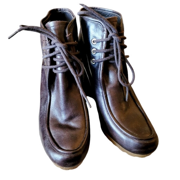 Michael Michael Kors Dark Brown Leather Wedge Booties Lace Up Size 9 - Picture 2 of 9